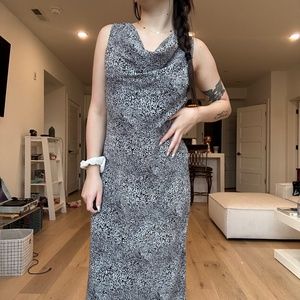 VINTAGE Black & White Abstract Animal Crepe Cowl Neck Maxi Dress